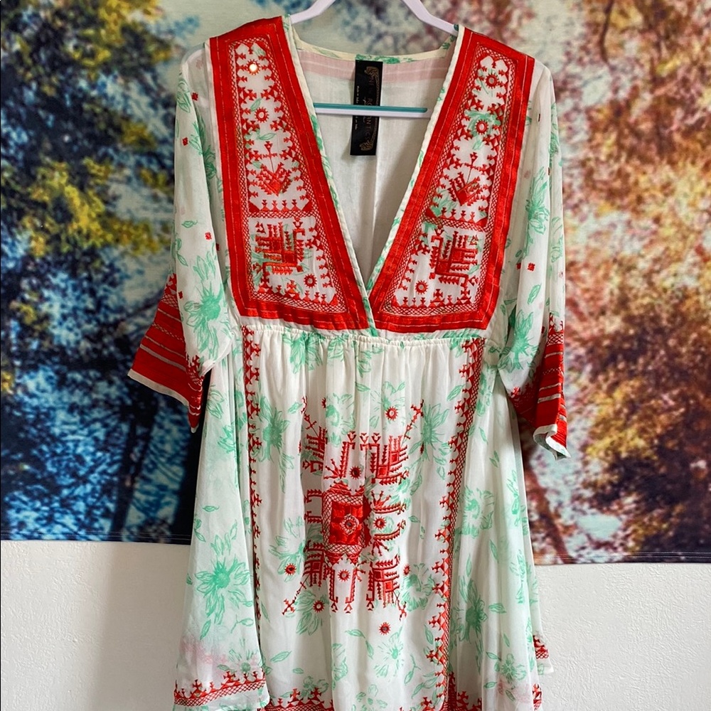 Free People Embroidered Red and Green Midi Dress